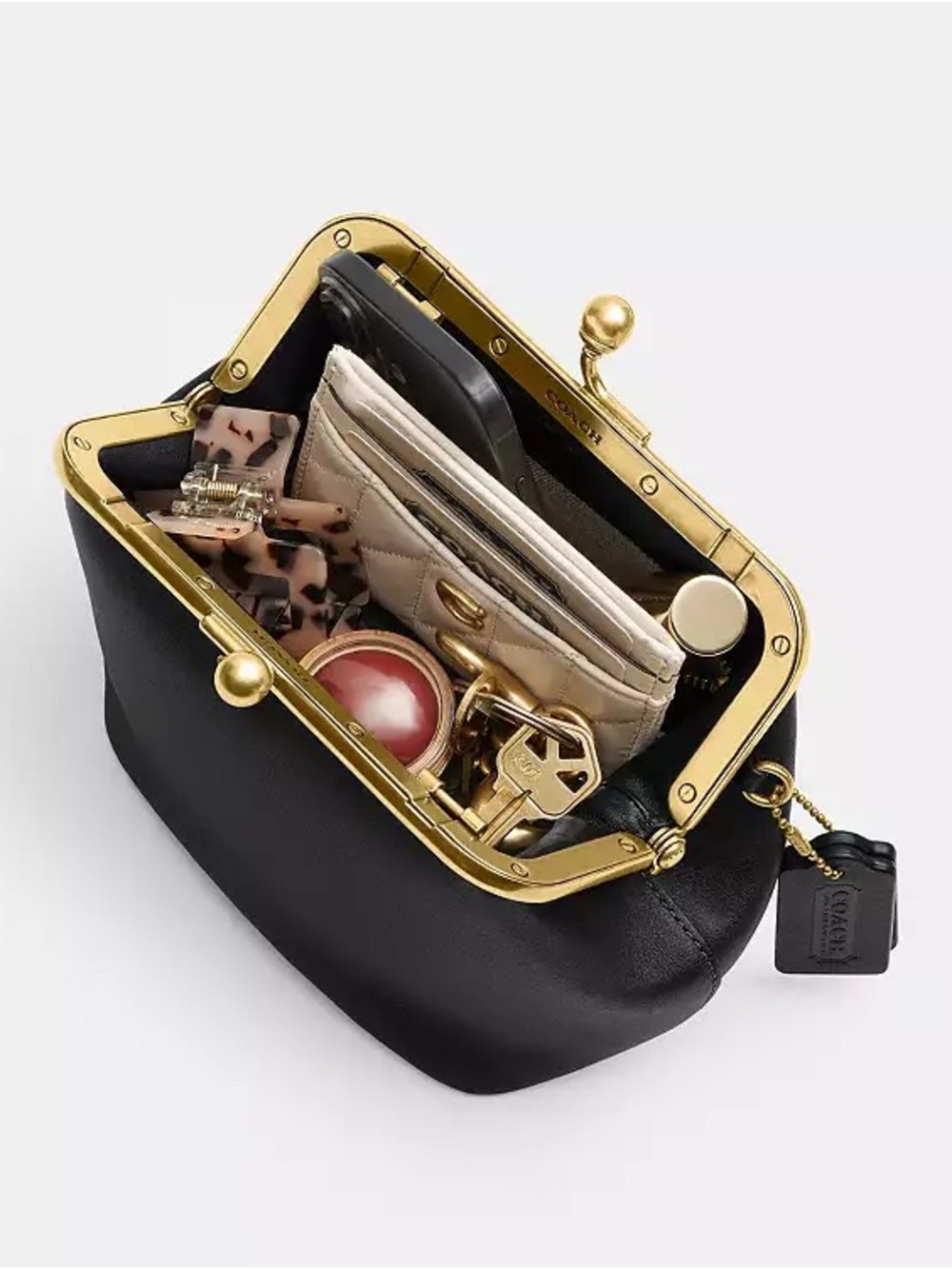 Coach Kisslock Frame Bag 16 V2 w/ 2 Straps Brass/Black Glovetanned Leather NWT - Picture 10 of 15